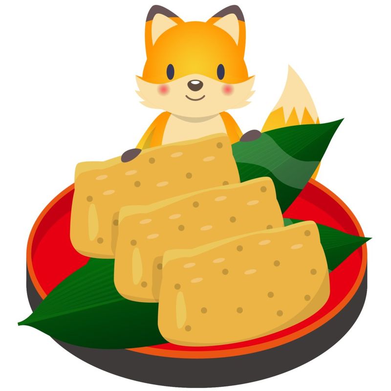 お皿に並んだいなり寿司とキツネのイラスト