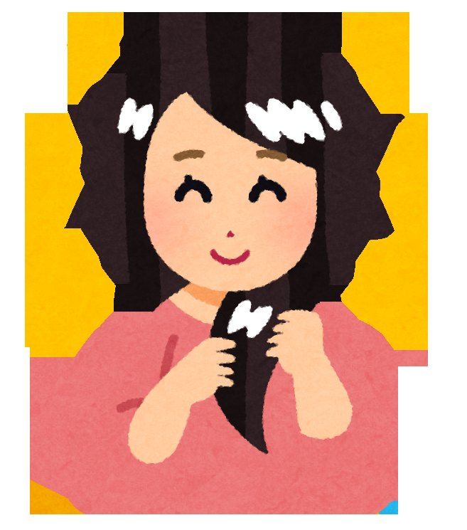 つやのある長い髪を手に取って笑う女性のイラスト
