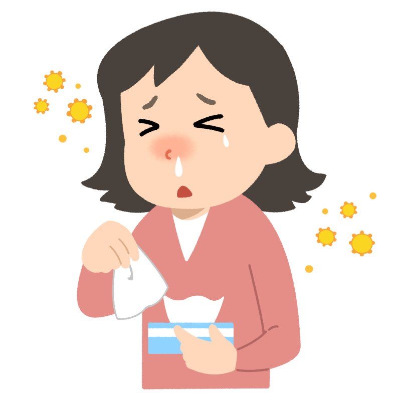 花粉でくしゃみと鼻水が出て、ティッシュを手にした女性のイラスト