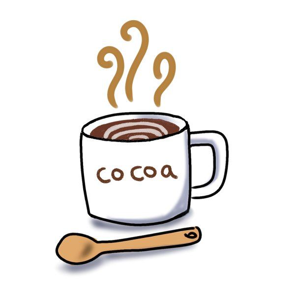 湯気の立つココアのカップとスプーンのイラスト